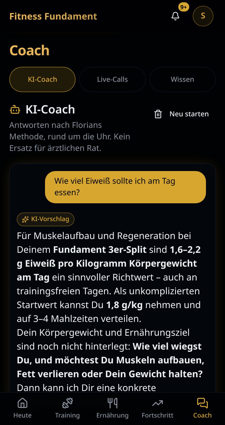App-Ansicht: KI-Coach rund um die Uhr